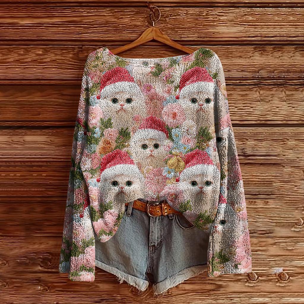 Women's Christmas Print Lightweight Sweater Casual Long Sleeve Knitted Pullover