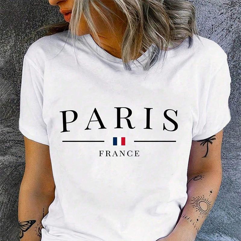 Модная женская футболка с принтом «Слово Париж», забавная повседневная футболка с круглым вырезом и короткими рукавами, летняя женская футболка