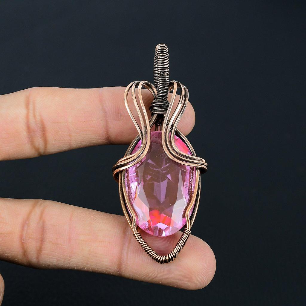 Amazing Pink Kunzite Gemstone Handmade Pure Copper Wire Wrapped Pendant Jewelry