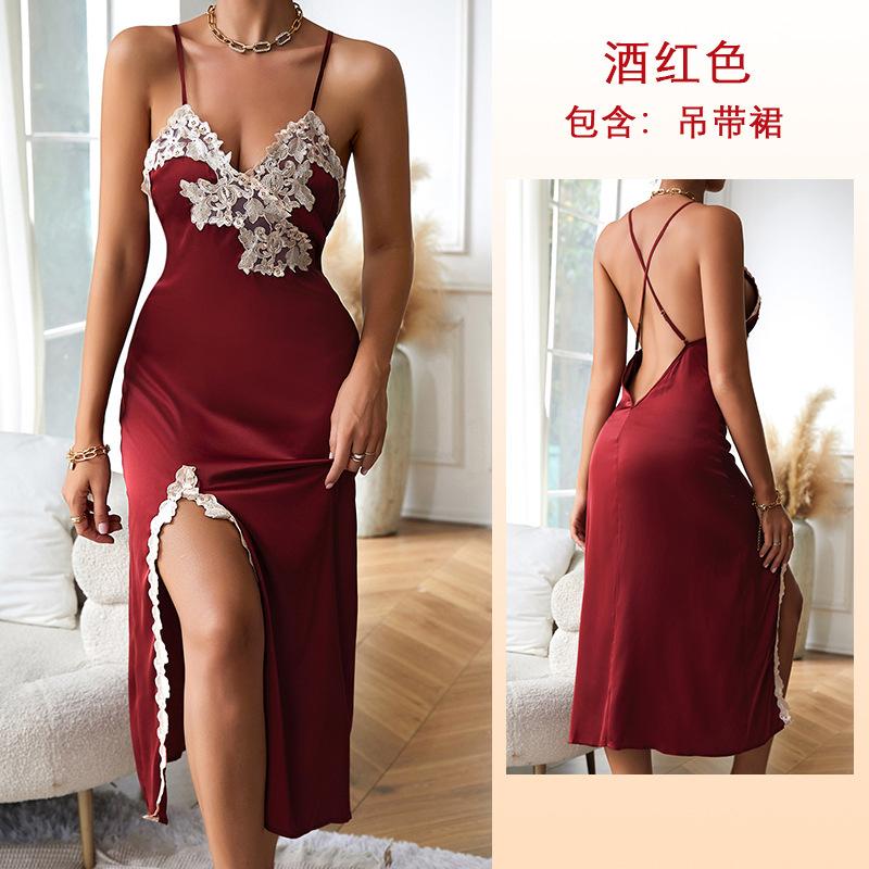 Women's sexy dark V multi-color loungewear lace splicing satin long split suspender nightdress