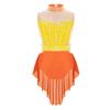 Girls Mock Neck Sleeveless Shiny Rhinestones Color Block Mesh Patchwork Skirted Leotard Lyrical Dance Costume
