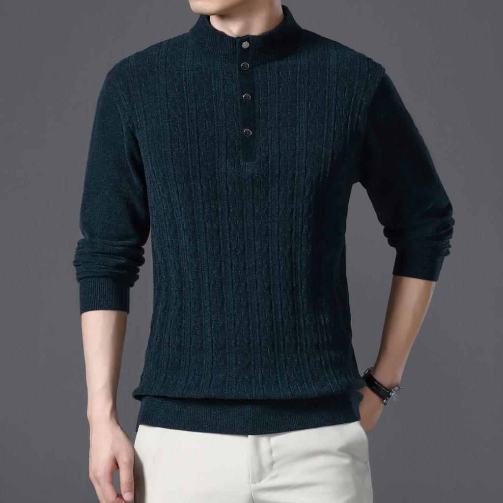 Осенний новый трикотаж из синели, мужская мода, однотонный свитер с воротником-стойкой, длинный рукав, тонкий мужской свитер