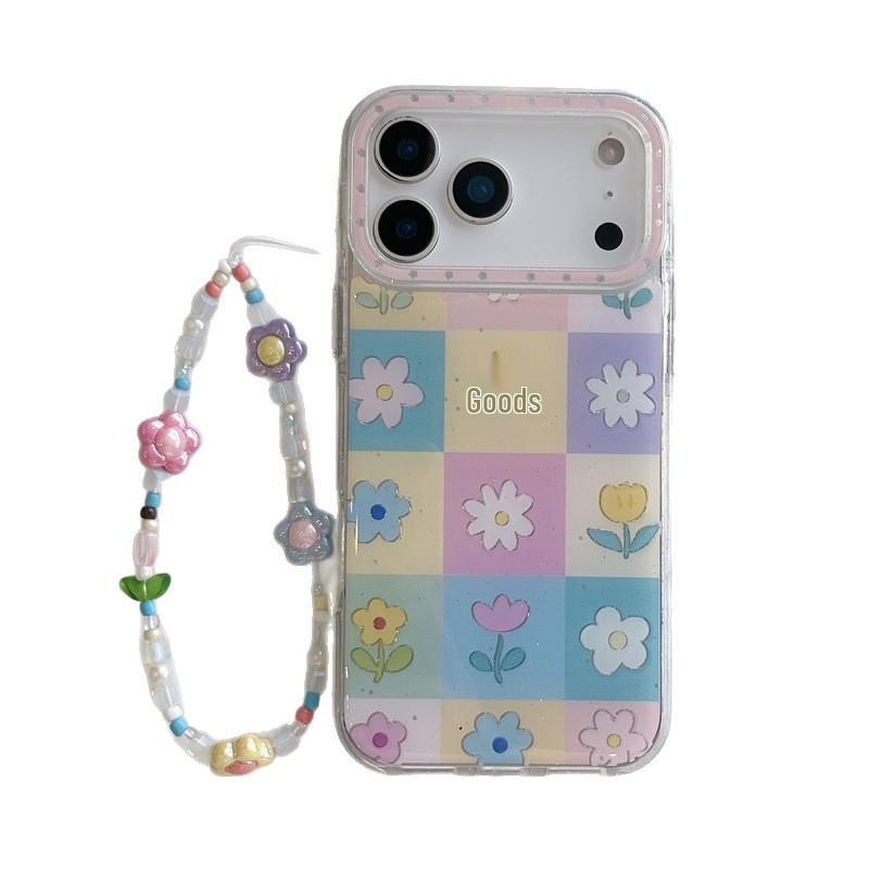 Spring Floral Grid Chain Case for iPhone 17, 16 Pro Max, 15 Pro