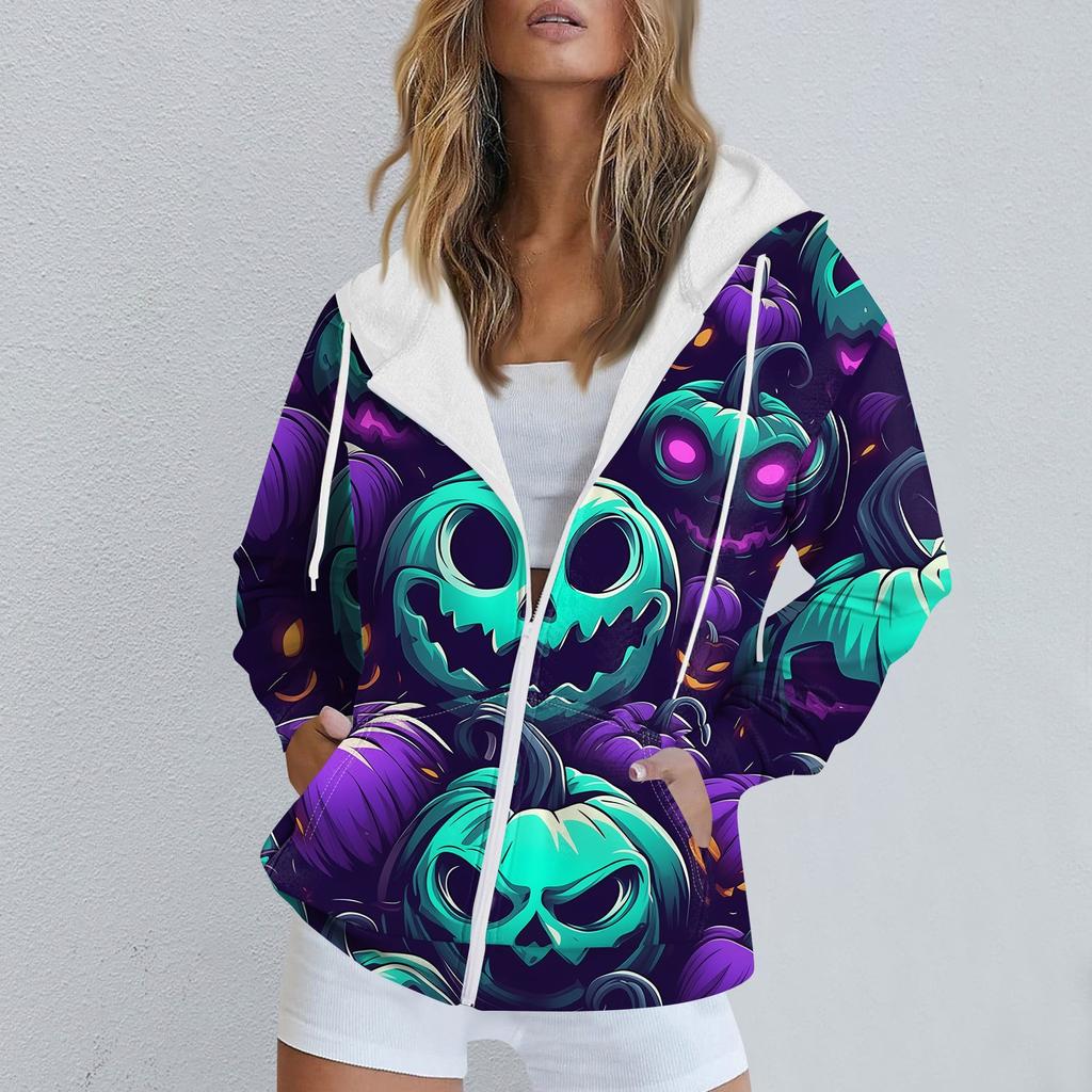 Женская повседневная спортивная одежда с принтом на Хэллоуин, осенне-зимняя куртка с капюшоном и длинными рукавами, с карманом на молнии