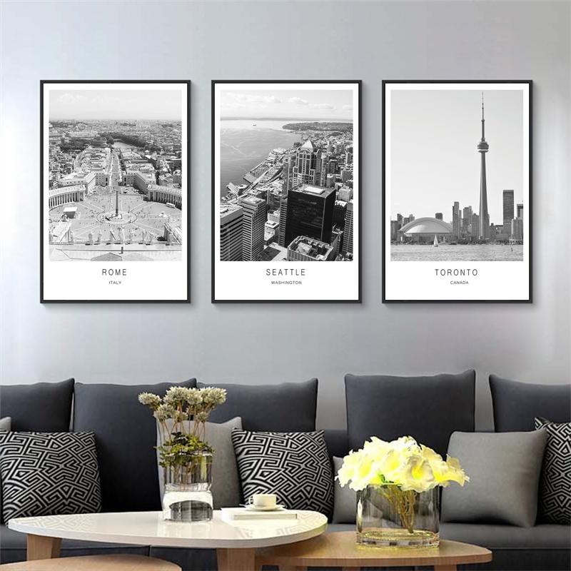 Черно-белый городской пейзаж мира Картина на холсте Париж Лондон Плакат Печать Современное настенное искусство Картина Украшение спальни Домашний декор