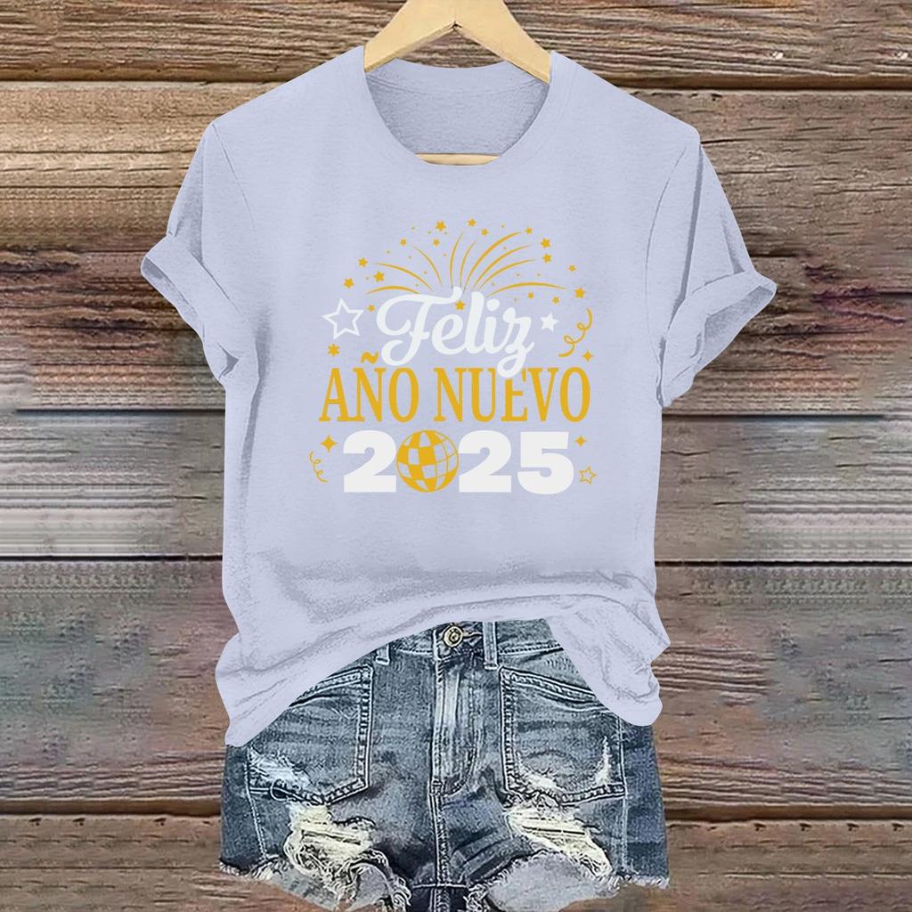 Women's Long Sleeve Round Neck T-Shirts 2025 New Year Print Puff Sleeve Shirts Button Blouses Tops