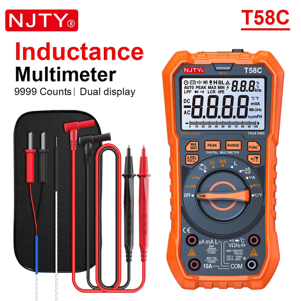 NJTY T58B T58C Цифровой мультиметр с измерением индуктивности, Автоматический выбор диапазона, 9999 отсчетов, Напряжение, Ток, Емкость, Светодиодная подсветка, Умный, Большой экран