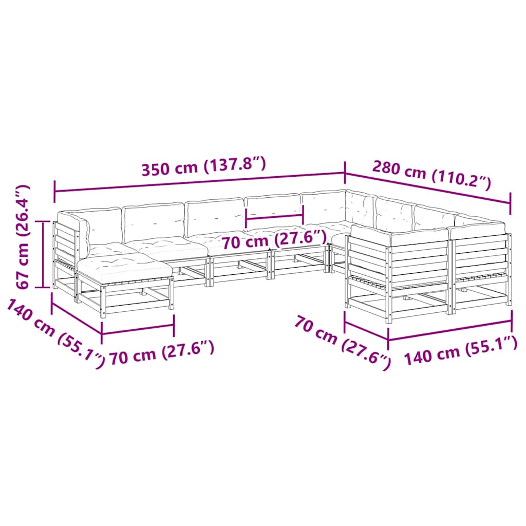 10 piece Garden Sofa Set with Cushions Wax Brown Pine Wood