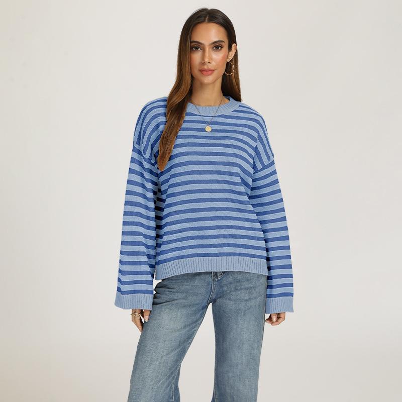 Women Loose Striped Pullover Sweater Crew Neck Long Sleeve Knitwear Autumn Winter