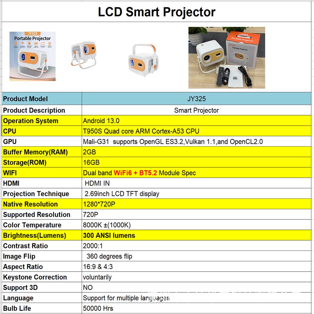 Автофокус JY325 4K HD WiFi Android Интеллектуальный портативный мини-проектор с подвесом