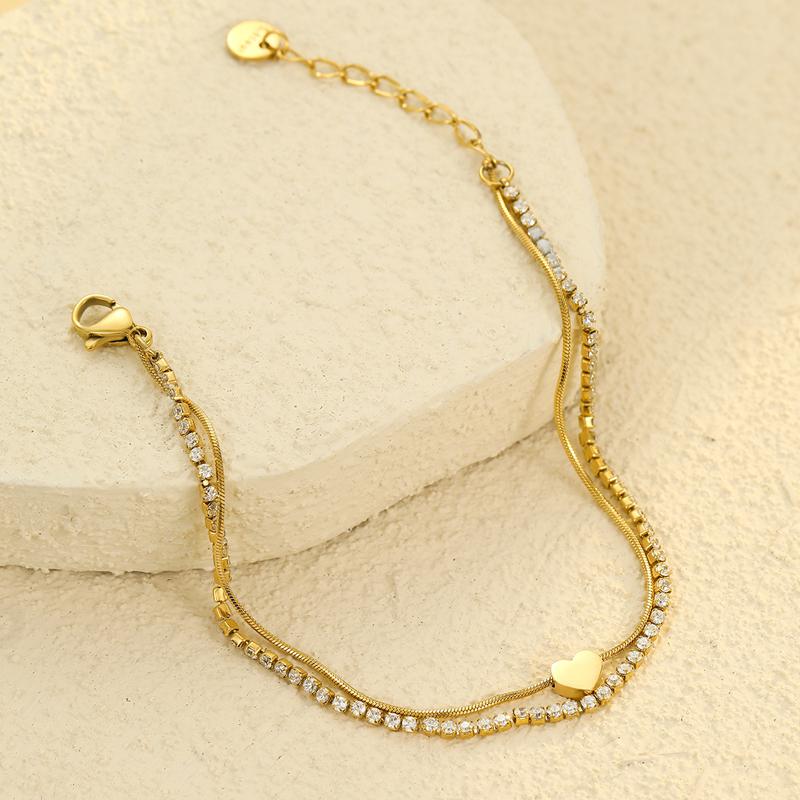 2Pcs Cuban Chain Bracelet Set for Women Gold Color Heart Double Layer Cubic Zirconia Hand Chain Boho Retro Trendy Jewelry Gifts