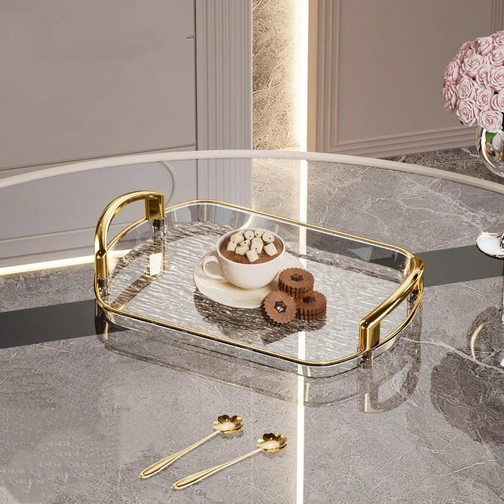 Transparent Clear Luxury Tray Gold Rim Dining Tea Serving Platter Decorative Tray Home Decor