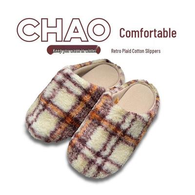 Женские и мужские ретро клетчатые хлопковые тапочки: Уютные, Плюшевые, Толстая Подошва, Бесшумное Тепло для Осени/Зимы в Помещении.