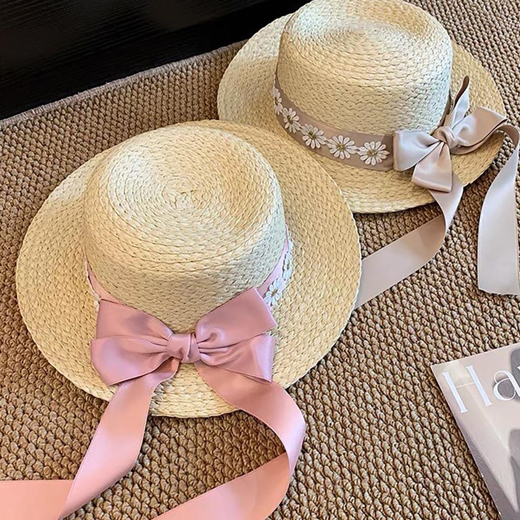 Sweet Floral Ribbon Bowknot Straw Hat for Women Summer Wide Brim Sunshade Dome Basin Cap French Girls Travel Beach Fisherman Hat