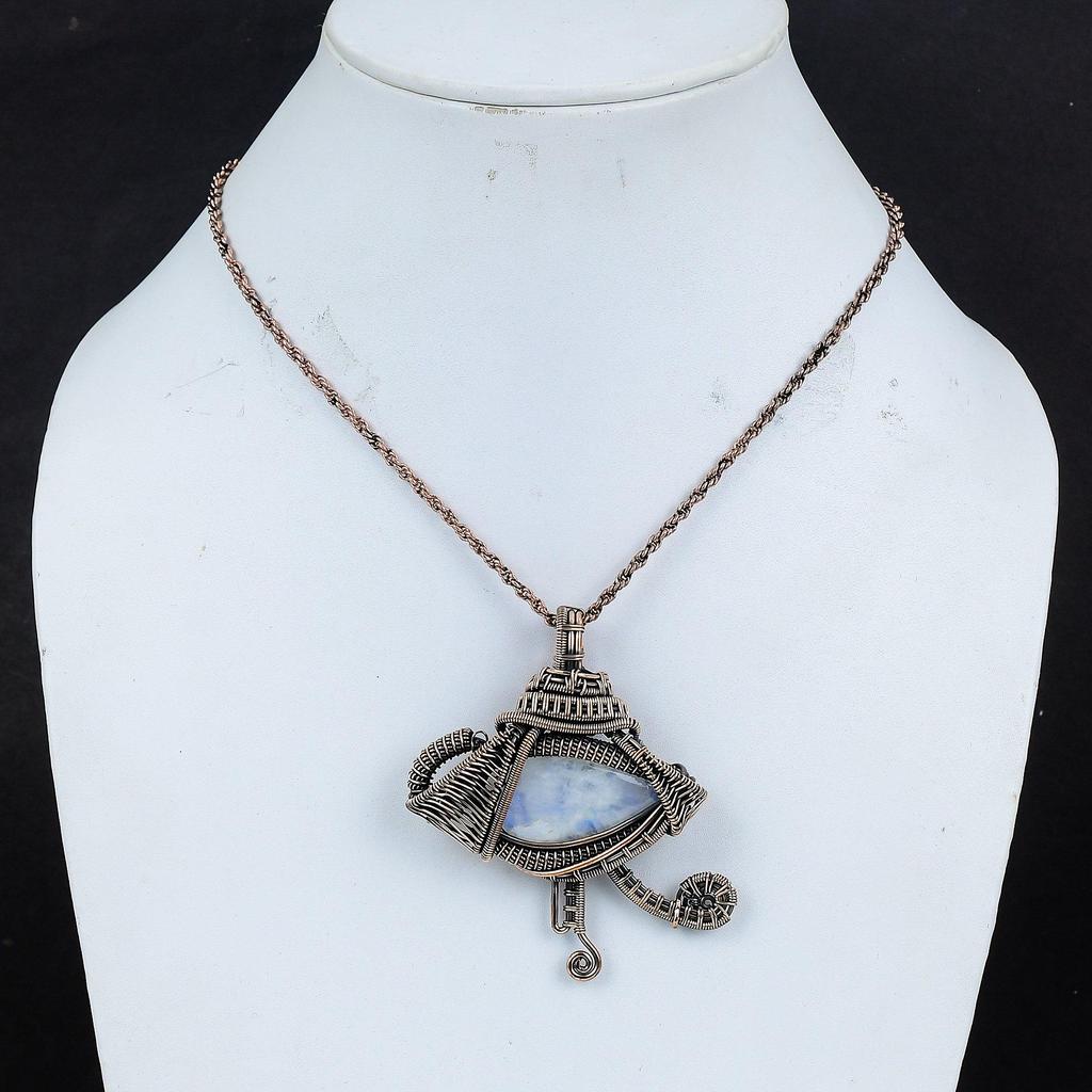 Подвеска из радужного лунного камня, ювелирное изделие из драгоценного камня, подвеска, обернутая медной проволокой 999 пробы, красивая подвеска ручной работы