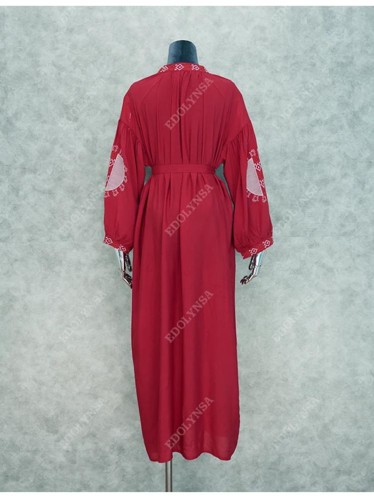EDOLYNSA Red Bohemian Embroidered Front Open Long Sleeved Beach Dress LongTunic Women Plus Size Beachwear Swimsuit Cover Up Q1010