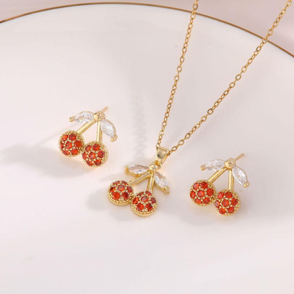 Light Luxury Rhinestone Cherry Jewelry Suit Exquisite Cherry Necklace Set Party