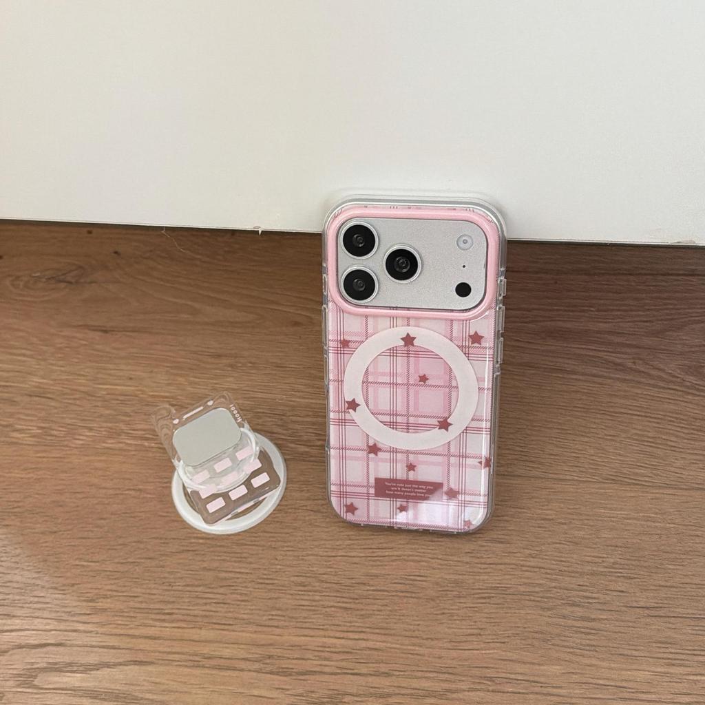 Розовый клетчатый чехол со звездами в корейском стиле для iPhone 16/15/14/17 Pro Max