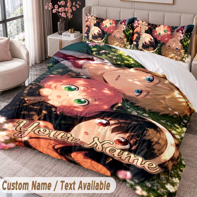 Custom Name Text 3Pcs Bedding Set Spy × Family Duvet Cover And Two Pillowcases