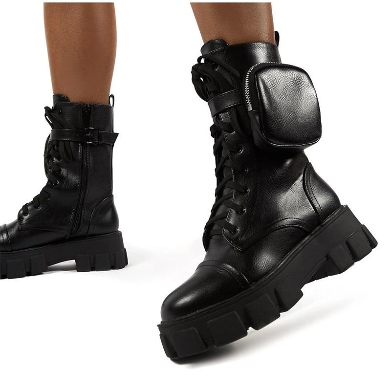 Новые женские ботинки с карманами, женские ботильоны на шнуровке, женские армейские ботинки на массивном каблуке, короткие ботинки на молнии, женская обувь на платформе