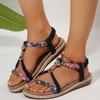 Модные богемные сандалии с металлическим декором и плетеными ремешками, летние сандалии с круглым носком на низком каблуке и ремешком на щиколотке, модные сандалии с цветной печатью для пляжа