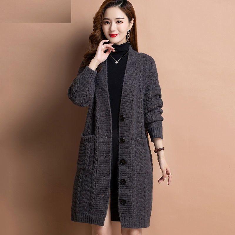 Women's Autumn and Winter Loose Literary Medium-length Sweater Solid Color Lazy Wind Knitted Cardigan Jacket