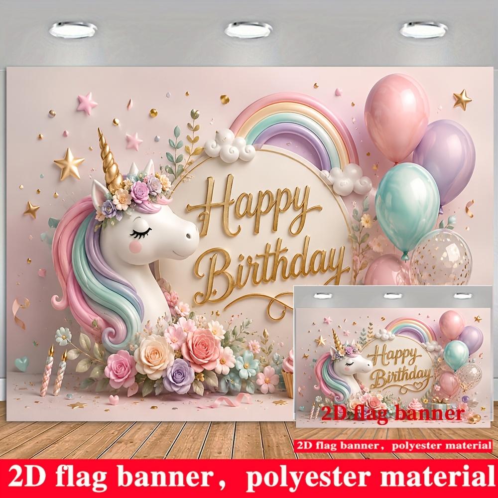 Unicorn Birthday Banner Backdrop Macaron Balloons Rainbow Flowers Stars Polyester
