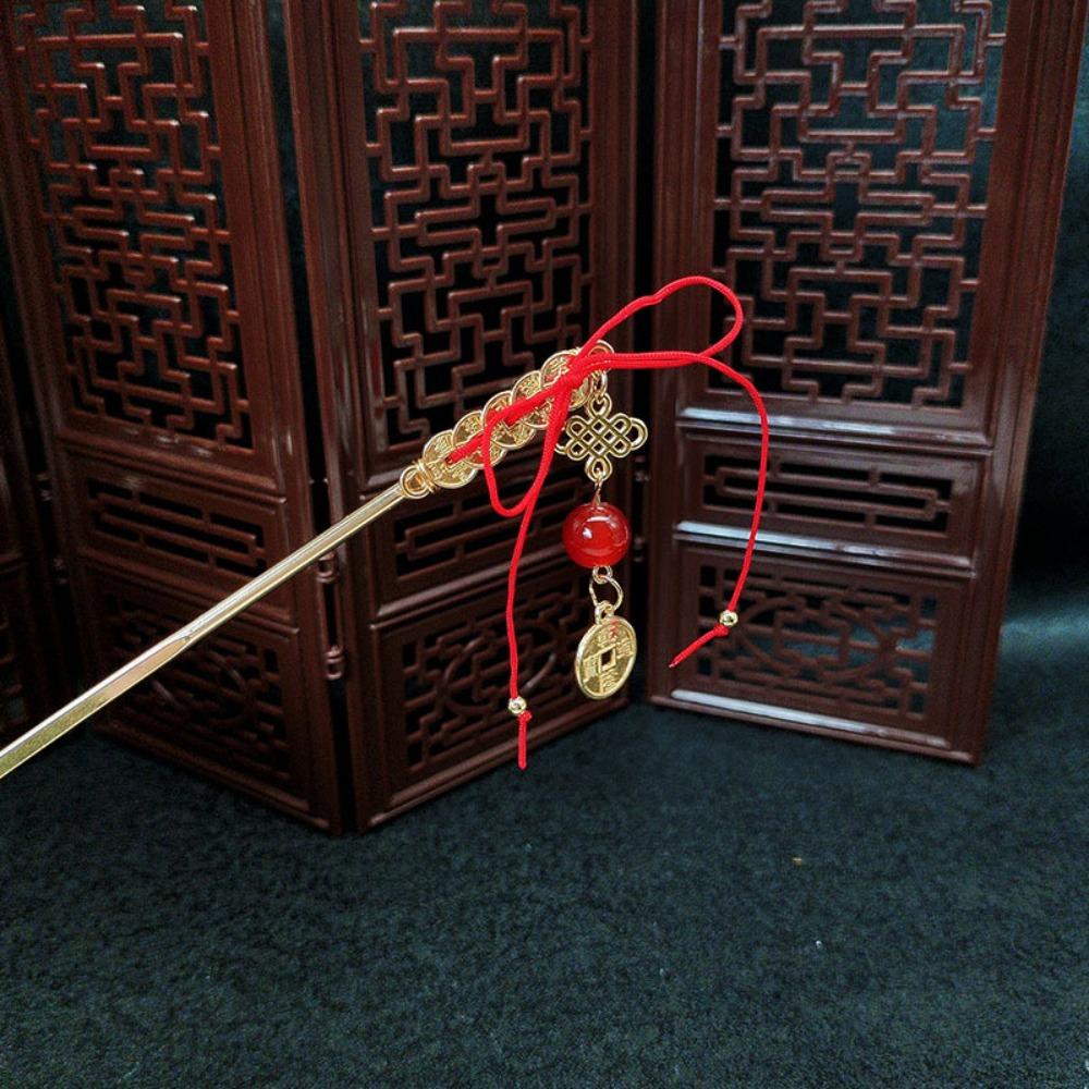Chinese Knot Ancient Hair Stick Copper Coin Hanfu Hair Fork Handmade New Year Hairpin  Jewelry