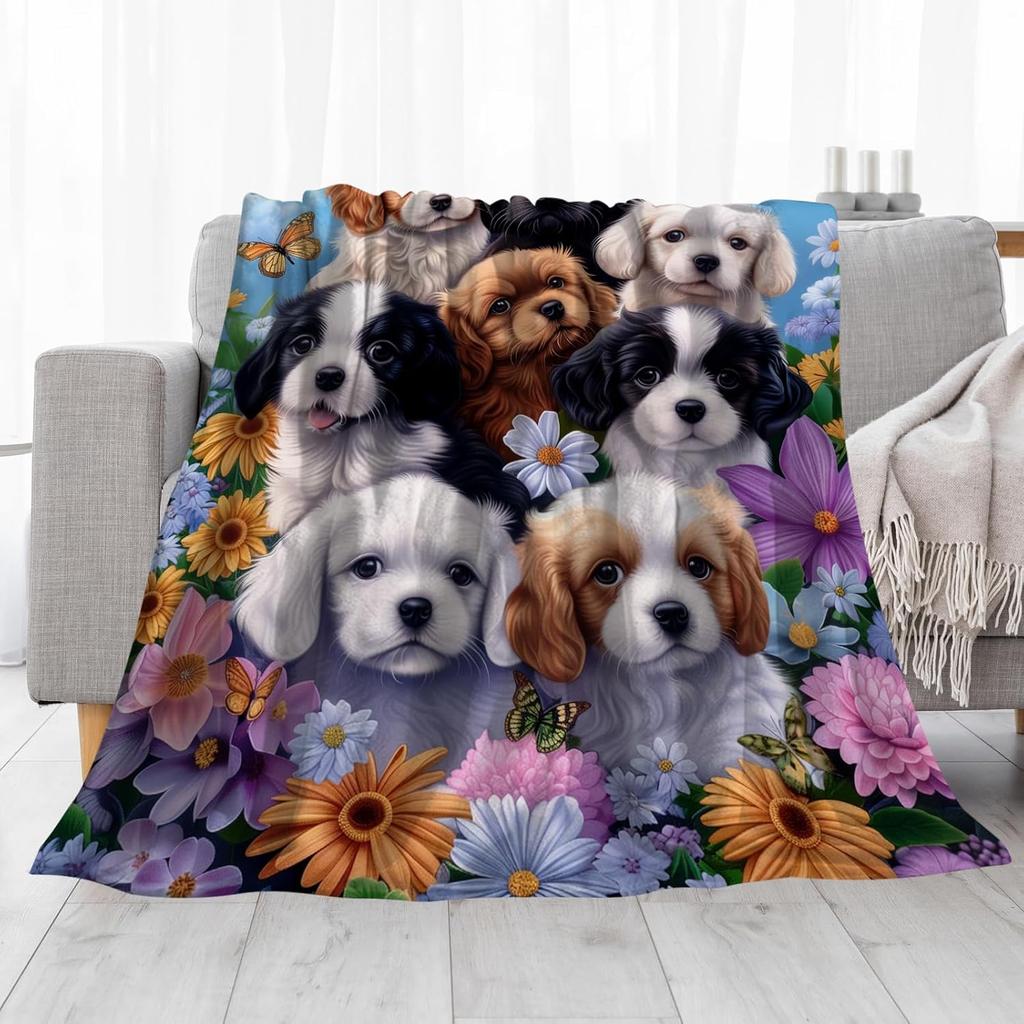 WZOMT Dog Blanket, Cute Floral Puppy Dog Print Throw Blankets Decor, Kawaii Dogs Themed Gifts for Women, Soft Cozy Fuzzy Plush Fleece Flannel