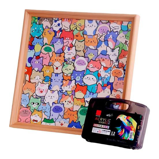 Yousheng DIY Wooden Cat Coloring Puzzle with Frame Pens 2-in-1 Coloring Irregular Jigsaw Puzzle Craft Kit 3D Puzzle Photo Frame Ornament Decoration
