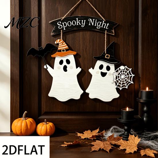 Spider Web Embellishments Halloween Ghost Door Sign with & Bat Design, Wooden Front Hanger Hemp Spooky Party Supplies Rope, Night Hanging Decoration