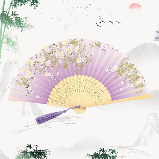 Шелковый складной веер в китайском стиле с кисточками. Элегантное мастерство. Прочная и гибкая бамбуковая кость.
