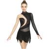 Women‘s Sparkly Rhinestone Leotard Dress Sheer Mesh Long Sleeve Mock Neck Color Blocking Asymmetrical Hem for Figure Skating Latin Performance