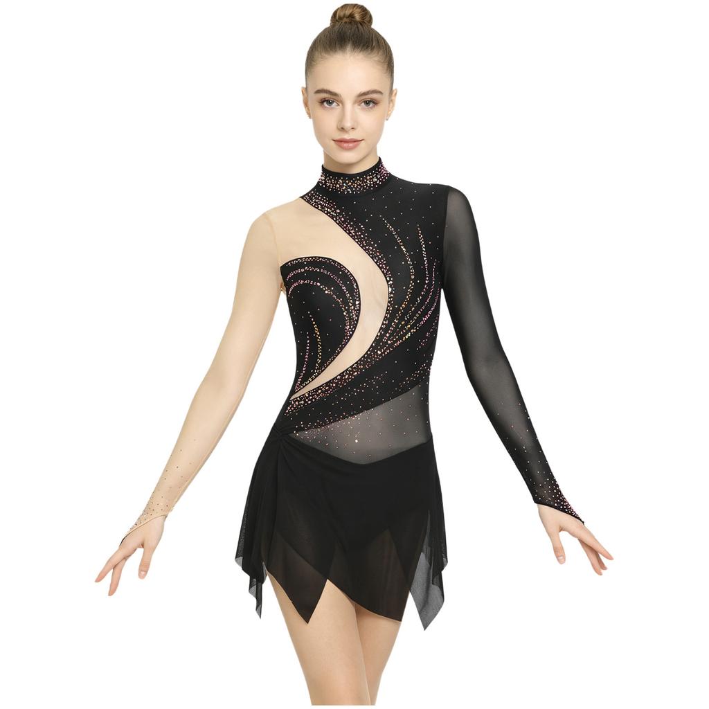 Women‘s Sparkly Rhinestone Leotard Dress Sheer Mesh Long Sleeve Mock Neck Color Blocking Asymmetrical Hem for Figure Skating Latin Performance