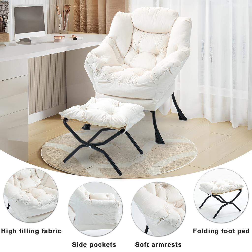 Lazy Chair, Comfy Chairs with Foldable Footstool and a Side Pocket, Simple Style Small Chairs for Bedroom Living Room Balcony