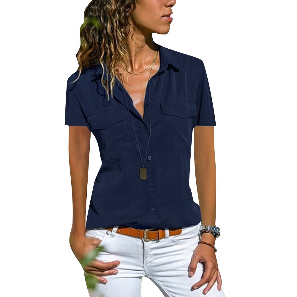 Lapa Женская однотонная повседневная рубашка с коротким рукавом и отложным воротником