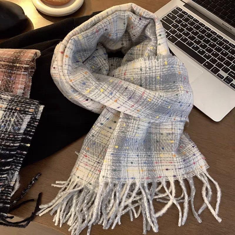 Plaid Scarf Women's Atmosphere Warm New Dry Rose Powder Autumn and Winter White Soft Fringed Shawl Scarf