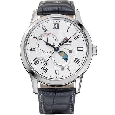 Мужской TRN-AK0005S (Orient Classic СОЛНЦЕ И ЛУНА) Круглые часы из черной нержавеющей стали с несколькими стрелками, аналоговые