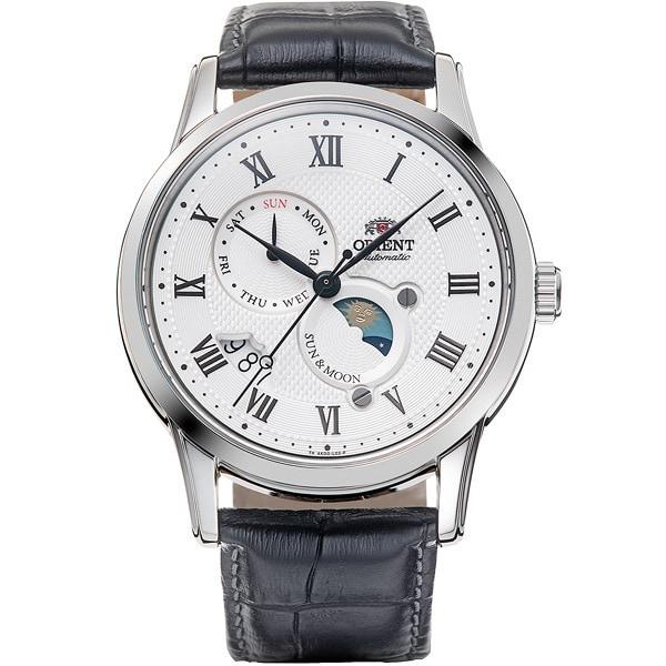 Orient Мужской TRN-AK0005S (Orient Classic СОЛНЦЕ И ЛУНА) Круглые часы из черной нержавеющей стали с несколькими стрелками, аналоговые
