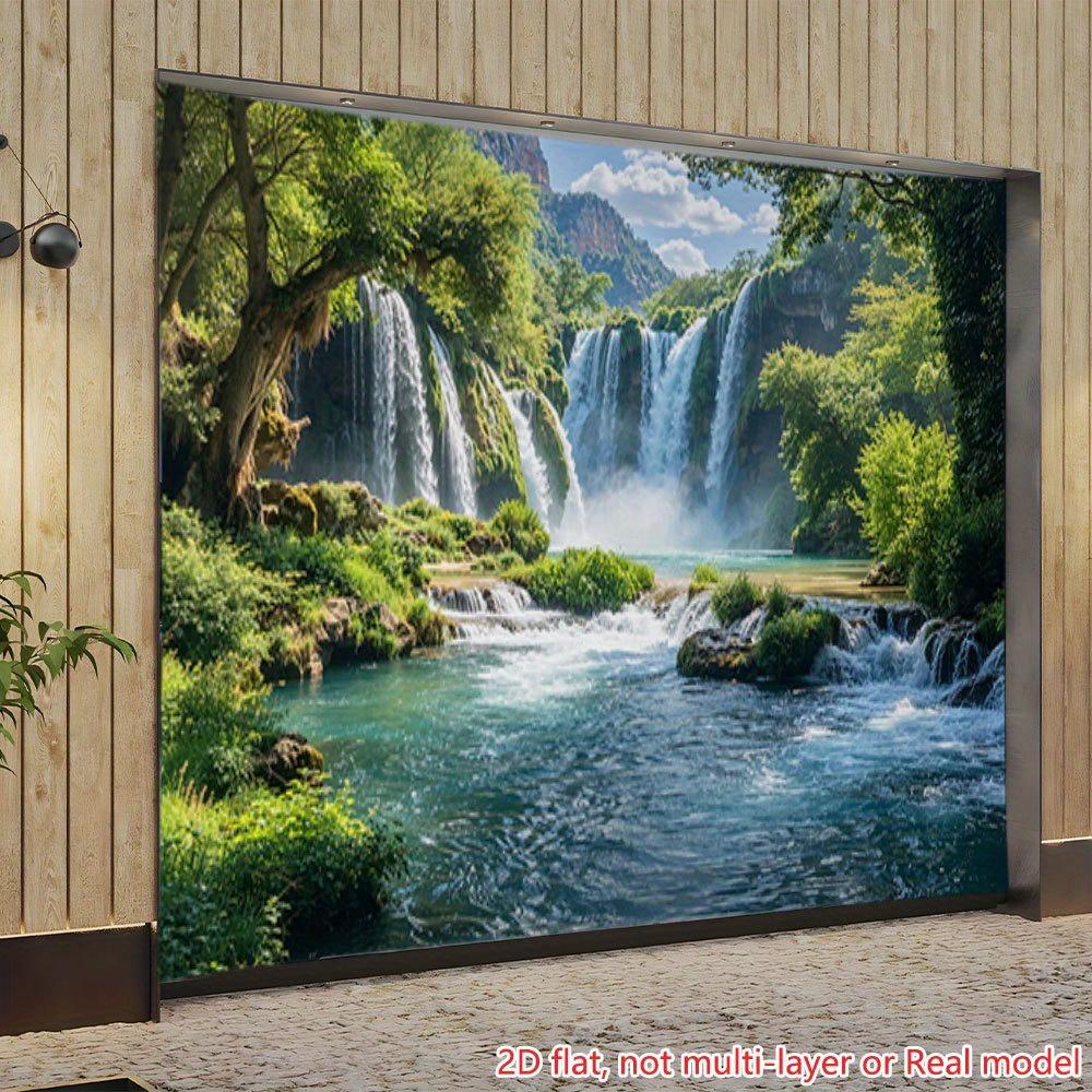 A 2D flat-printed party banner with a waterfall-like green landscape pattern suitable for use as a background in the garage.
