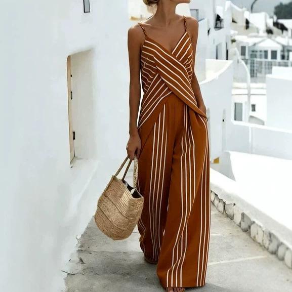 1116 European and American retro striped suspender vacation leisure pure desire senior women's V-neck suspender vest set