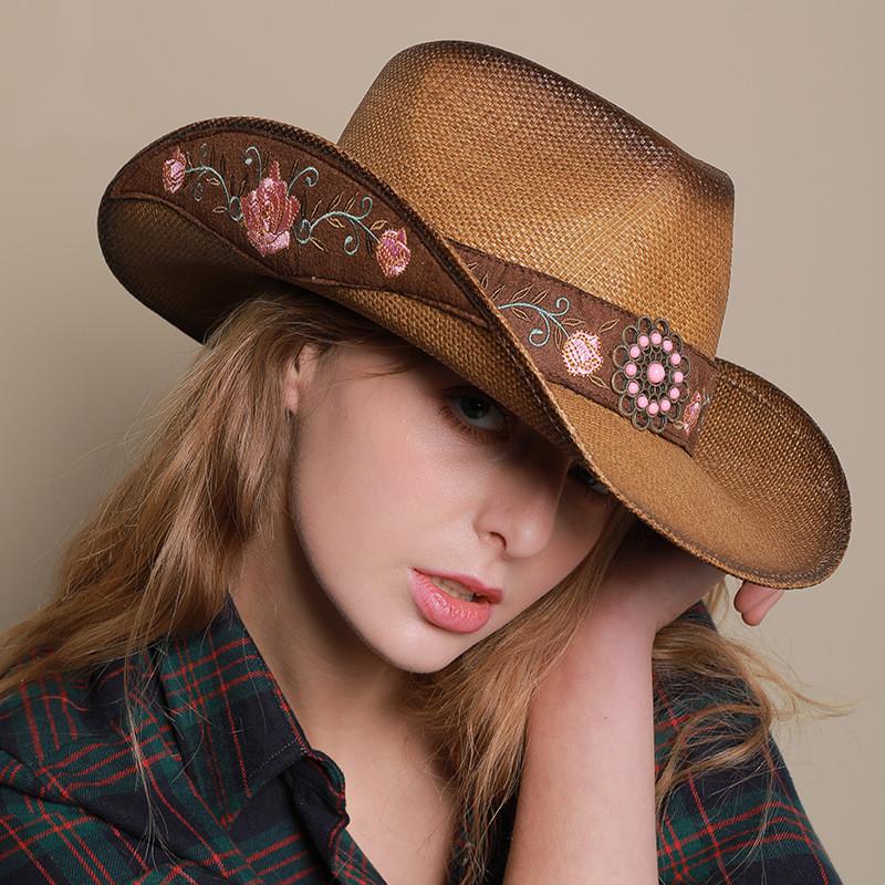 Three-dimensional Embroidery Handmade Straw Hat Western Cowboy Hat Men Cap Outdoor Women Hat Light Luxury