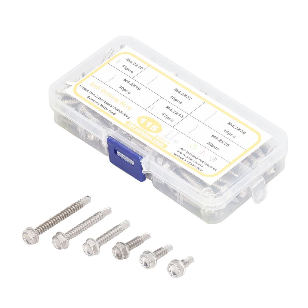 115 шт. Шестигранный самосверлящий винт M4.2 из нержавеющей стали 304 высокой твердости с шайбой для гаража