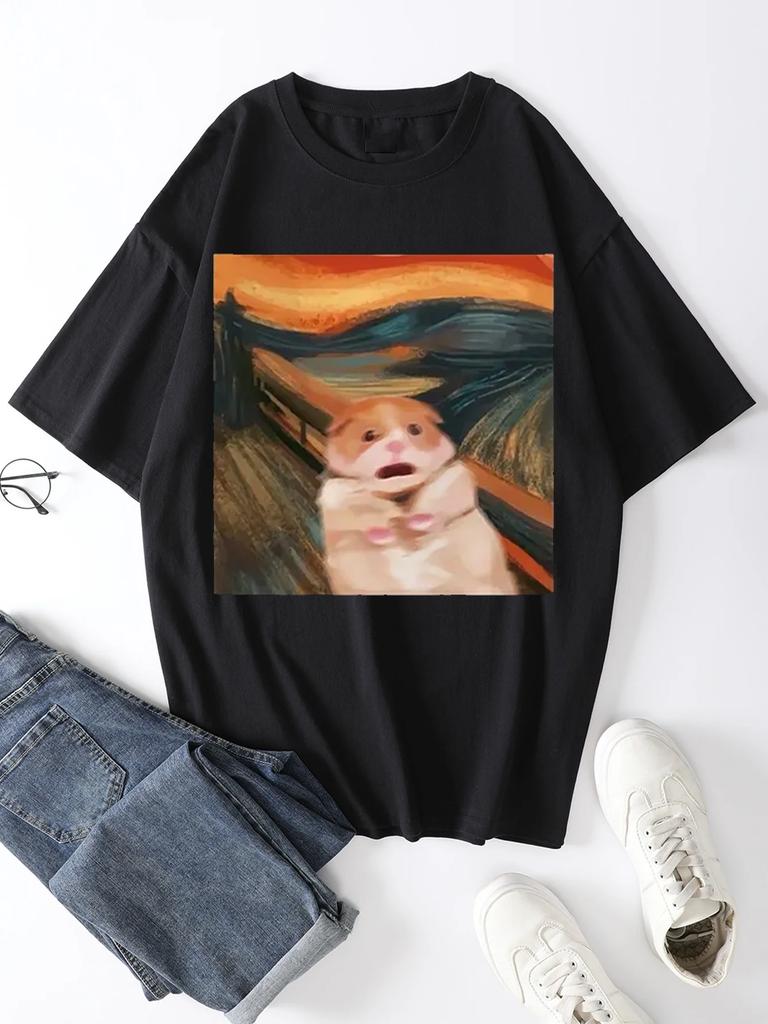Funny Screaming Hamster Graphic Print Unisexs Creative Top Casual Short Sleeve Crew Neck TShirt Clothing For Summer Outdoor