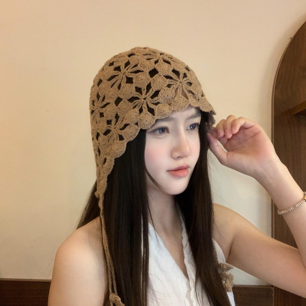 Tassel Hollowed Out Knitted Hat Floral Weave Cap Retro Bohemian Style Beanies Outdoor