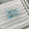 100% HANDMADE Medium Coffin Shape Fake Nail Set with Glue Blue Buccellati Short Cat's Eye Spar Press On Nails Fake Nails Reusable and Removable Nails