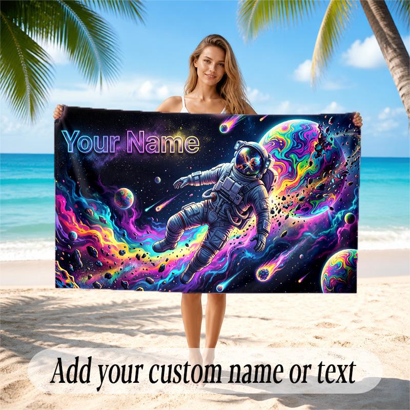 Astronaut Space Theme Quick Dry Beach Towel Custom Name Text Print Large Sand Resistant Towel Beach Vacation