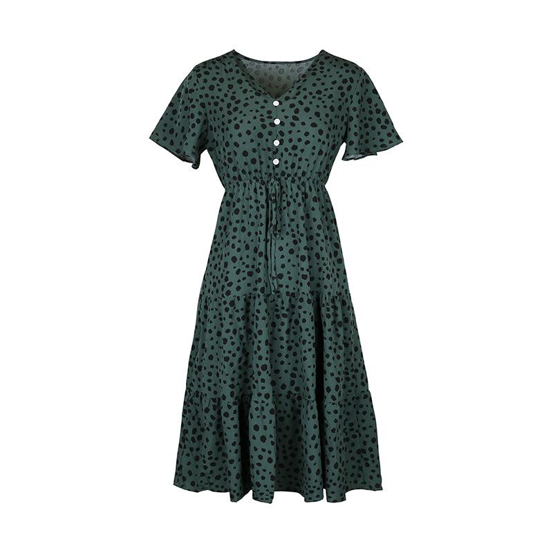Летнее женское платье с коротким рукавом и леопардовым принтом, V-образный вырез, длиной до колена