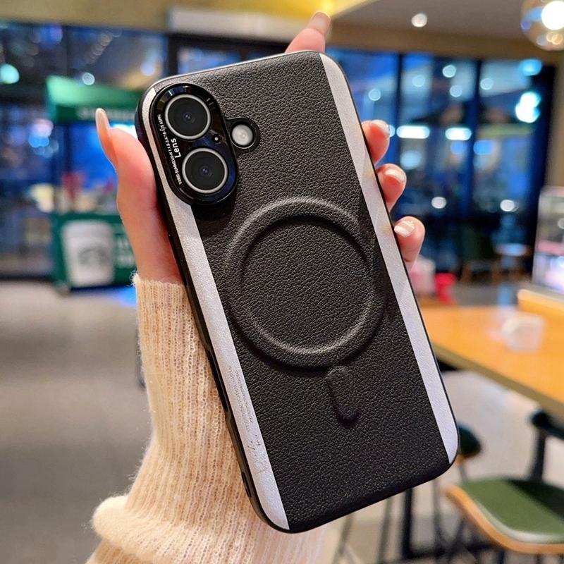 Hit Color Leather Strong Magnetic Case For iPhone 14 15 16 Pro Max Plus Coque Business Metal Camera Protection Shockproof Cover