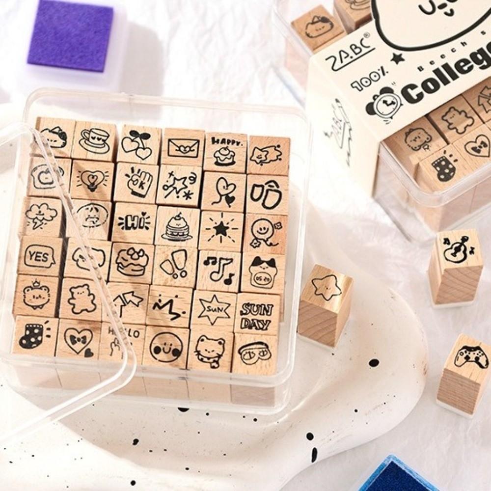 36pcs Set Acrylic Box Wood Stamps Set Daily Life Themed Mini Wooden Stamps Scrapbooking Decor